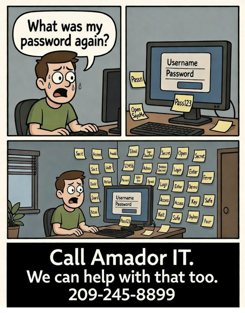 Comic: Man frustrated trying to remember password, surrounded by sticky notes - Call Amador IT