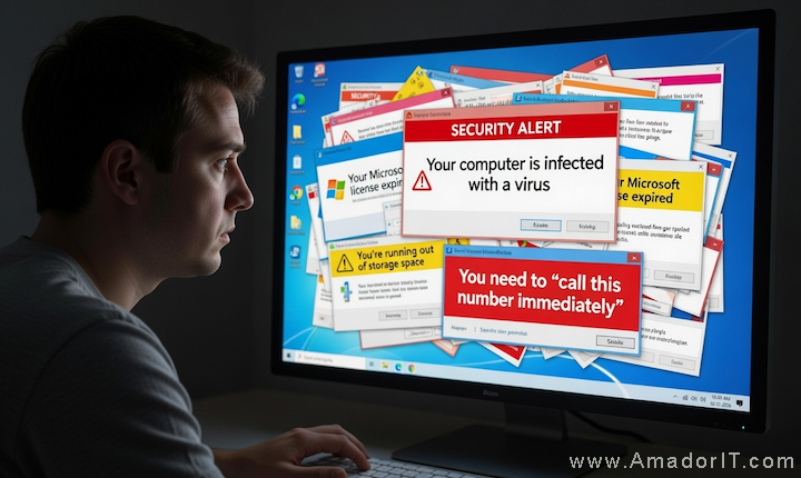 Computer screen with fake virus warning popups - Don't call the number
