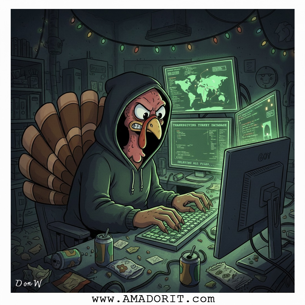 Hacker turkey deleting database - No Backups Comic